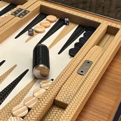 Beige Leather Woven Herringbone Backgammon