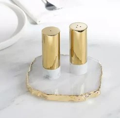 Dual Salt & Pepper Shakers Marble & Gold Set of 2