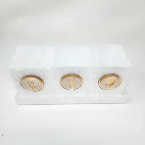 Let's Eat Silverware Caddy White Marble with Gold
